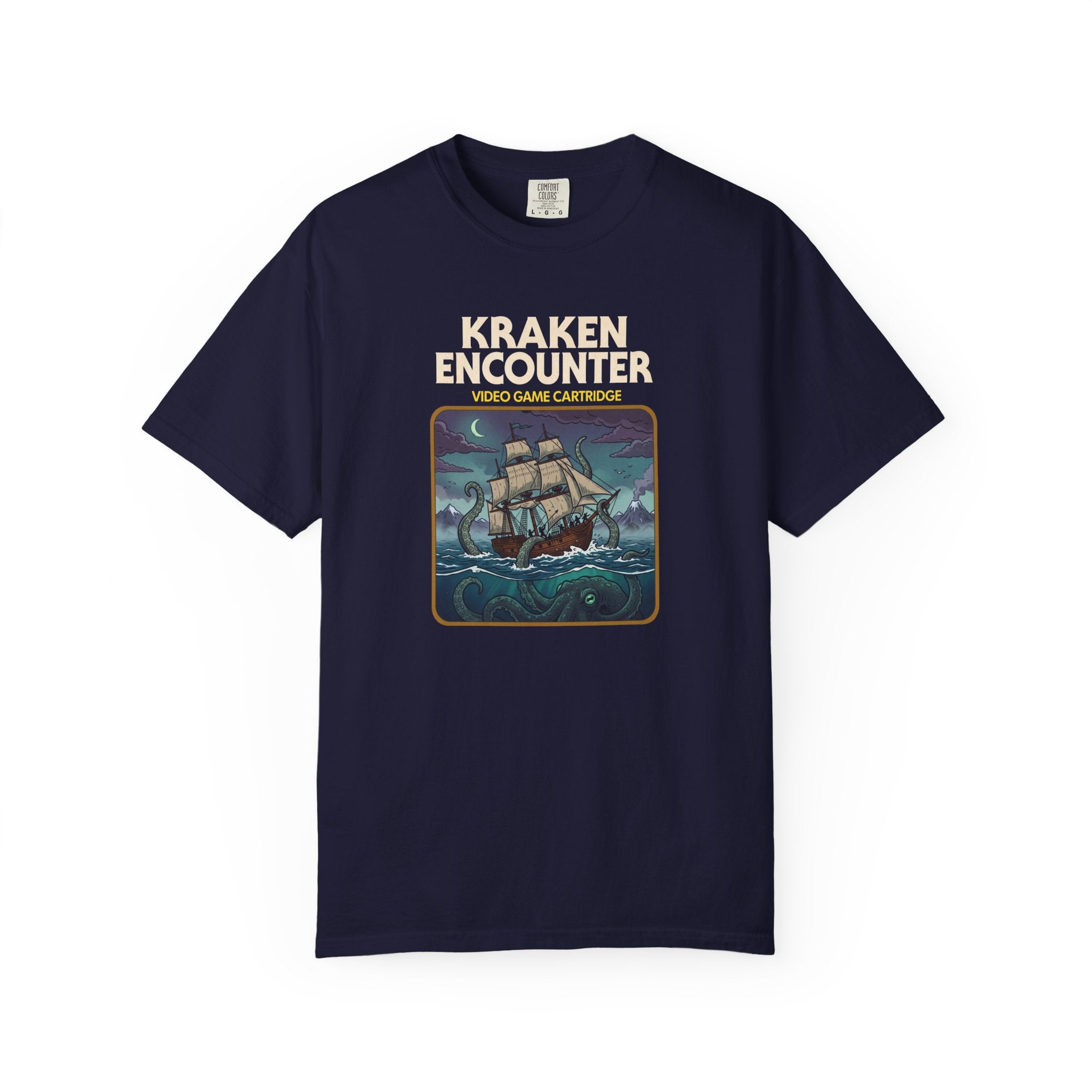 Kraken Encounter Retro Video Game Cartridge Graphic T-Shirt