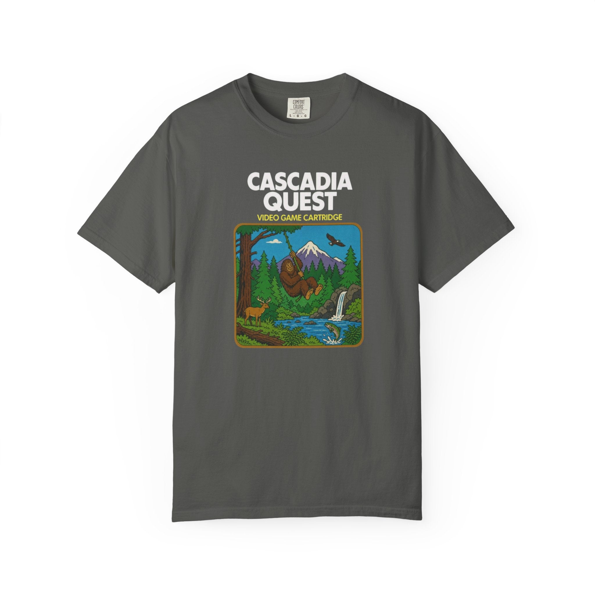Cascadia Quest Retro Video Game Cartridge Graphic T-Shirt